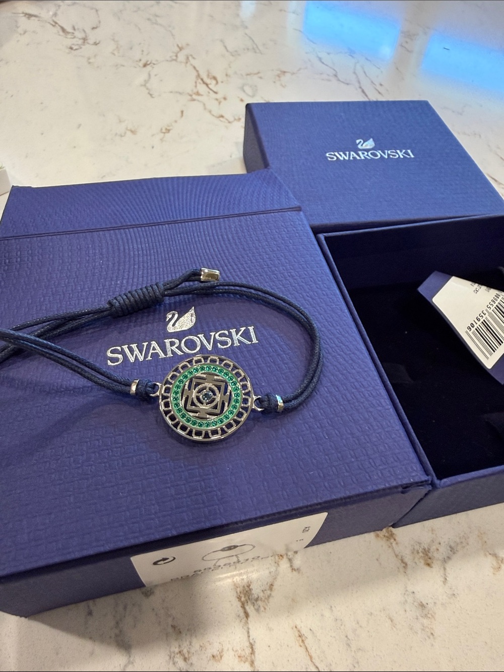 NWT NIB Swarovski Navy Cord Bracelet with Green Crystal Medallion